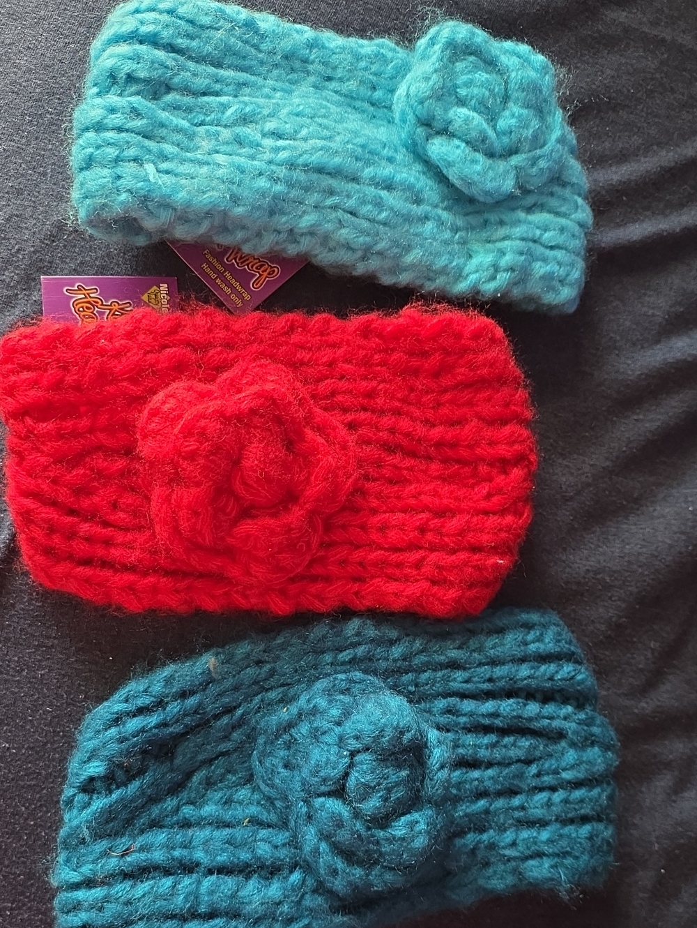 Nicole Knit Flower Headbands in Red, Teal, Turquoise